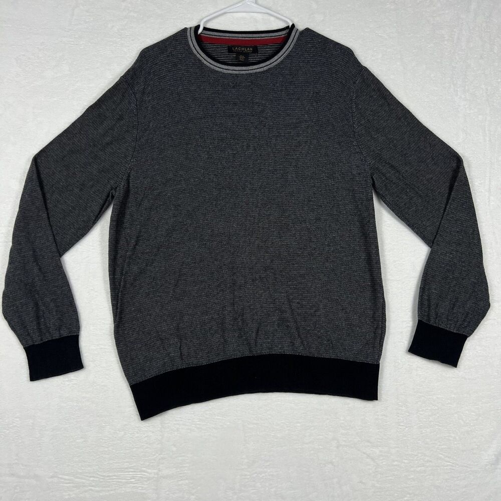Lachlan Sweater Mens XL Black Grey Striped 100% Cotton Crewneck Pullover